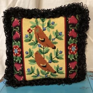 Vintage Handmade Needlework Pillow Folk Art Style Shaggy Black Fringe